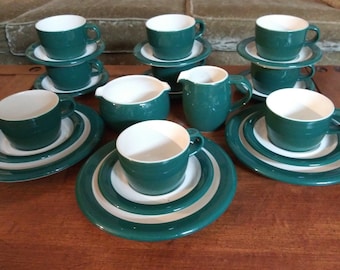 Mikasa Green and White Dishes in Spinach Band Pattern, Stoneware Cups Saucers Salad Plates Creamer Sugar Dish Sold Individually or as a Set