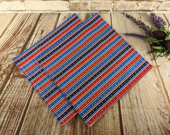 Set of 2 Square Cloth Napkins Red White Blue Striped with Hearts, Handmade Small Reversible Reusable Table Napkins, 2 Layers Cotton Fabric