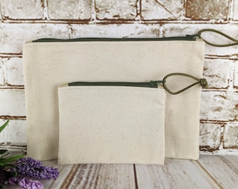 Beige Canvas Pouches with Moss Green Zipper, 2 Sizes Unlined Canvas Bags, Handmade Zipper Pouches, Coin Purse, Cosmetic Bag, Free Shipping