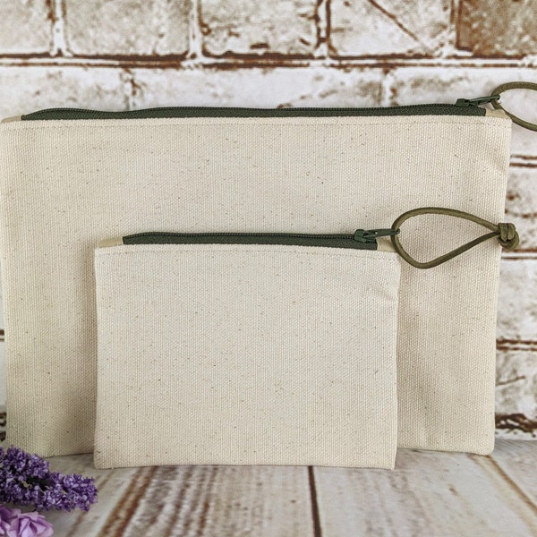 Beige Canvas Pouches with Moss Green Zipper, 2 Sizes Unlined Canvas Bags, Handmade Zipper Pouches, Coin Purse, Cosmetic Bag, Free Shipping