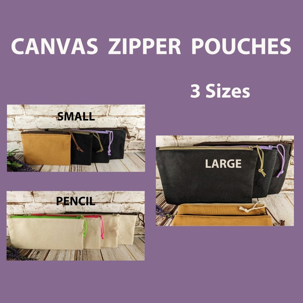 Zipper Pouches in Canvas Fabric, Unlined Zippered Bags Made of Black or Natural Canvas, Small Large and Pencil Pouch, Handmade Economy Bags