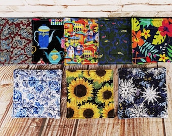 Handmade Quilted Fabric Coasters, Reversible Cotton Beverage Mats, Sold Separately