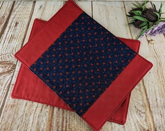 Set of 2 Mug Rugs in Navy Blue & Brick Red Apple Design, Snack Size Placemats of Cotton Fabric, Handmade Tea or Coffee Mats, Candle Mats