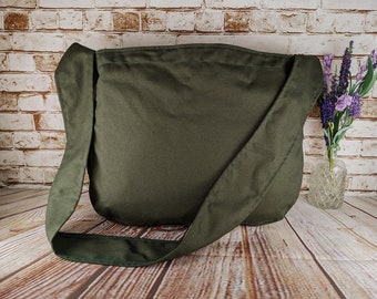 Moss Green Canvas Newspaper Bag, Rectangular Mail Bag or Shopping Bag with Cross Body Strap, Large Market Tote, Olive Drab Messenger Bag