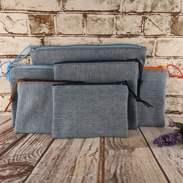 Denim Zipper Pouches in Various Sizes, Small Bags from Recycled Blue Jeans, Handmade Zipper Pouches, Coin Purse, Pencil Pouch, Cosmetic Bag