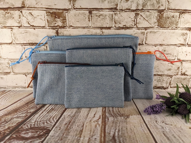 Denim Zipper Pouches in Various Sizes, Small Bags from Recycled Blue Jeans, Handmade Zipper Pouches, Coin Purse, Pencil Pouch, Cosmetic Bag image 1