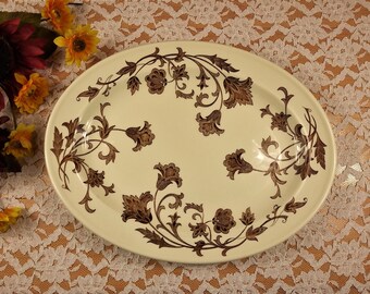 Vintage Oval Serving Platter by J&G Meakin Co of England, Brown and Ivory Floral Design 12" Plate, Ovenproof Dinnerware, Farmhouse Decor