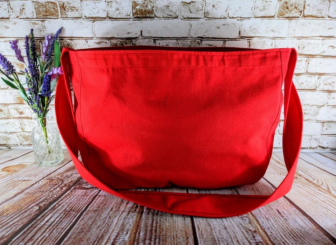 Red Canvas Newspaper Bag, Rectangular Mail Bag or Shopping Bag With