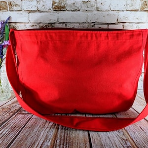 Red Canvas Newspaper Bag, Rectangular Mail Bag or Shopping Bag with Cross Body Strap, Large Market Bag Tote, Messenger Bag with Long Handle
