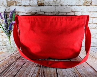 Red Canvas Newspaper Bag, Rectangular Mail Bag or Shopping Bag with Cross Body Strap, Large Market Bag Tote, Messenger Bag with Long Handle