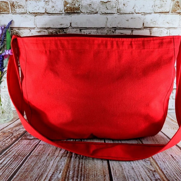 Red Canvas Newspaper Bag, Rectangular Mail Bag or Shopping Bag with Cross Body Strap, Large Market Bag Tote, Messenger Bag with Long Handle