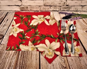 Set of 4 Square Cloth Napkins Red & White Floral Print, Handmade Small Reversible Table Napkins, Waste Free Reusable Cotton 2 Ply Napkins