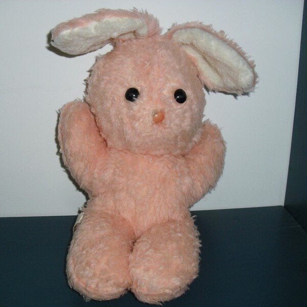 L1/ vintage peluche doudou lapin rose - Chamti - made in france - Jouet ancien - Lapinou - Fushia -