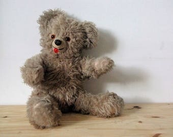 Vintage - old teddy bear retro - vintage toy - collectible - tongue pulls - brown bear - childhood toy Teddy bear
