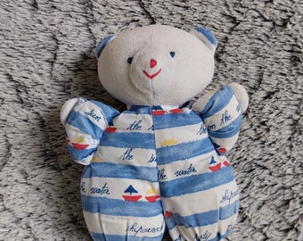 Doudou ours blanc et bleu a rayures - Histoire d'ours - Petit Caïd - Calidoux - Peluche marin bateau