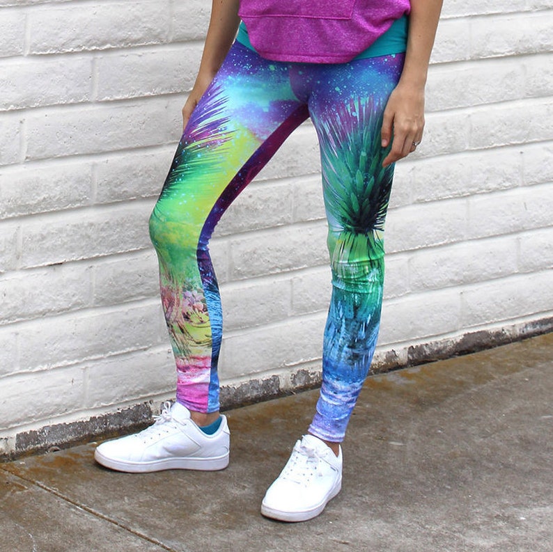 Galaxy Leggings, Space Leggings, Cactus Leggings, Cactus Print, Printed Activewear Pants, Yoga Leggings, Festival Tights, Bright Pattern image 4