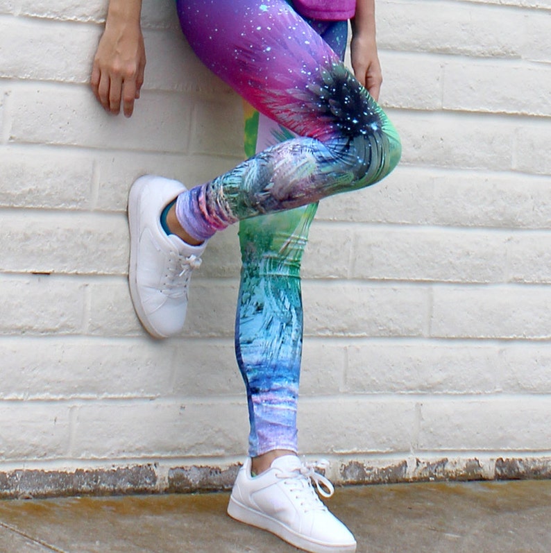 Galaxy Leggings, Space Leggings, Cactus Leggings, Cactus Print, Printed Activewear Pants, Yoga Leggings, Festival Tights, Bright Pattern image 2