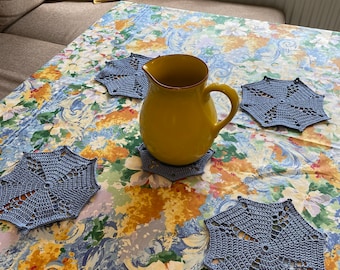 Cute set of 5 crochet cotton blue coasters