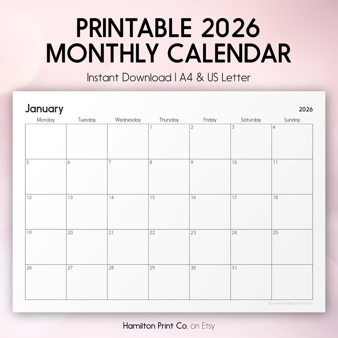 Druckbarer Kalender 2026 Minimalistisch | Monatsplaner | A4 und US