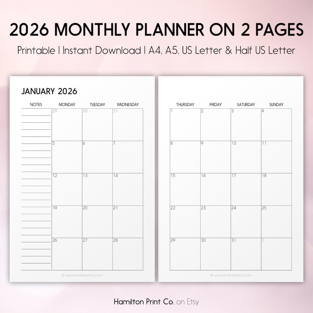 2026 Monthly Planner Printable | A4, A5, Letter Sizes (digital Download ...