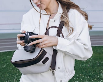 Estuche de cuero blanco para cámara, bolso para cámara réflex digital grabado, bandolera para cámara sin espejo, regalo para fotógrafo