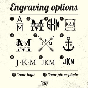 Puede incluir: Un gr&aacute;fico en blanco y negro titulado Engraving options que muestra doce estilos de dise&ntilde;o distintos. Las opciones incluyen varios dise&ntilde;os de monogramas, iniciales con flechas o un ancla, y marcadores de posici&oacute;n para un logotipo o foto, numerados del uno al doce.