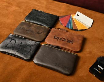 Monedero de cuero hecho a mano con cremallera, cartera pequeña minimalista y estuche para llaves, monedero de cuero genuino