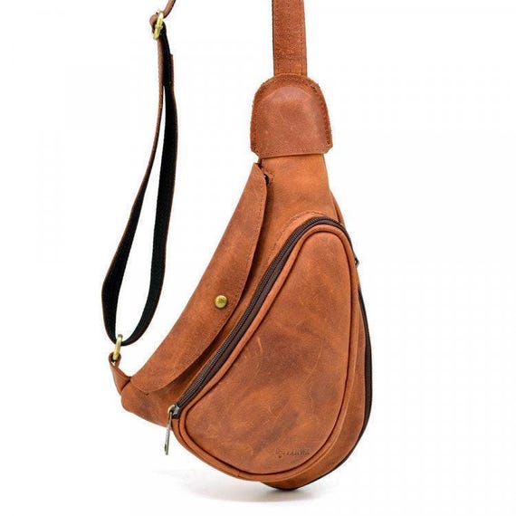 Leather One Shoulder Sling Bag for Men, Father Day Gift with Free Engraving, Mens Crossbody Bag, Genuine Brown Leather Banana Bag for Men