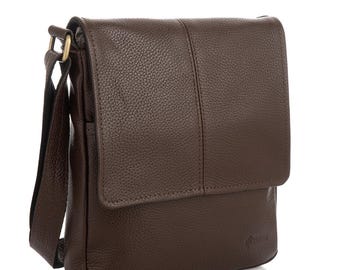 Bolso bandolera de cuero genuino hecho a mano, bolso bandolera para hombre con solapa y grabado gratuito, bolso cruzado marrón para hombre.