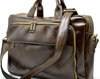 Men's Genuine Leather Briefcase, Three Compartment Laptop Bag (15 inch), Free Monogram Business Bag