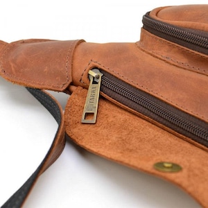 Leather One Shoulder Sling Bag for Men, Father Day Gift with Free Engraving, Mens Crossbody Bag, Genuine Brown Leather Banana Bag for Men image 9