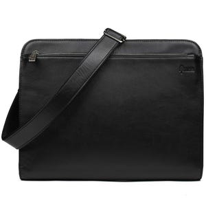 May include: A black leather messenger bag with a shoulder strap. The bag has a rectangular shape with a zipper closure and a small logo on the front. The strap is adjustable and made of the same black leather.
