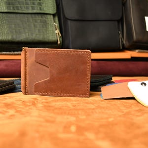 Cartera con clip para billetes de piel Crazy Horse, tarjetero delgado para hombre, monedero para bolsillo delantero, cartera minimalista hecha a mano. imagen 14