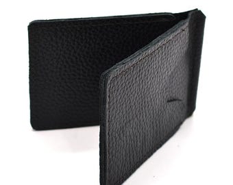Cartera con clip para billetes de cuero negro, tarjetero delgado hecho a mano para hombre, monedero para bolsillo delantero, regalo minimalista para él.