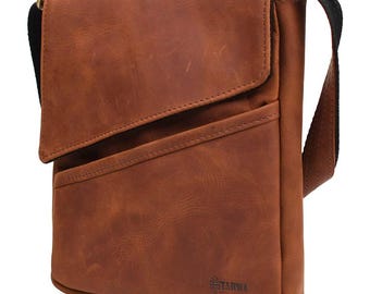 Bolso bandolera de cuero hecho a mano, bolso de hombro con solapa con personalización gratuita, ideal como regalo para el Día del Padre.