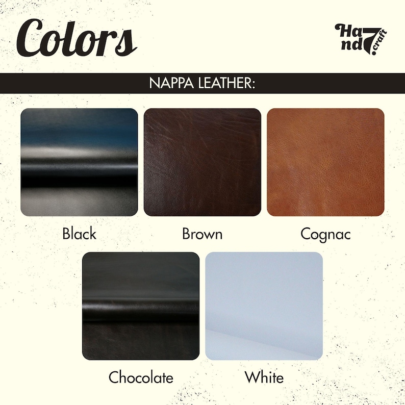 Puede incluir: Una carta de colores titulada Colors y Hand7craft que muestra cinco muestras de cuero Nappa etiquetadas como Black, Brown, Cognac, Chocolate y White. Cada muestra exhibe la textura y el tono del material de cuero en un formato rectangular.