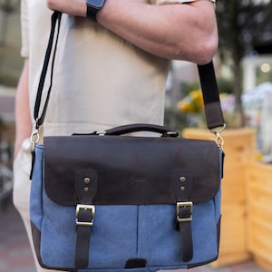 Men&#39;s Stylish Blue Canvas & Leather Laptop Bag, Durable Messenger Bag with Vintage Appeal TARWA 3960, mens canvas briefcase
