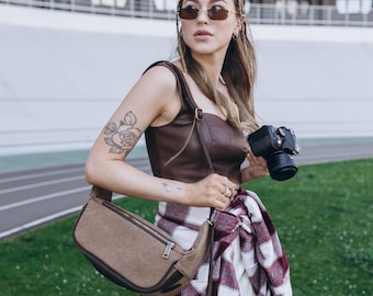 Canvas photo camera waist bag, handmade camera case, hand free DSLR camera shoulder pouch, compact camera bag for women