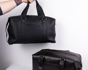 Free Engraving Leather Coach Shoulder Bag, Personalization Overnight Bags, Black Leather Travel Bag, Mens Weekender Purse, Manly Gift