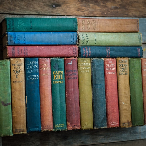 Antique Books Lot of Joseph C. Lincoln Novels Set of 18 Bookshelf Styling Colorful Shelf Decor Home Library Decoration Shabby Chic Rustic