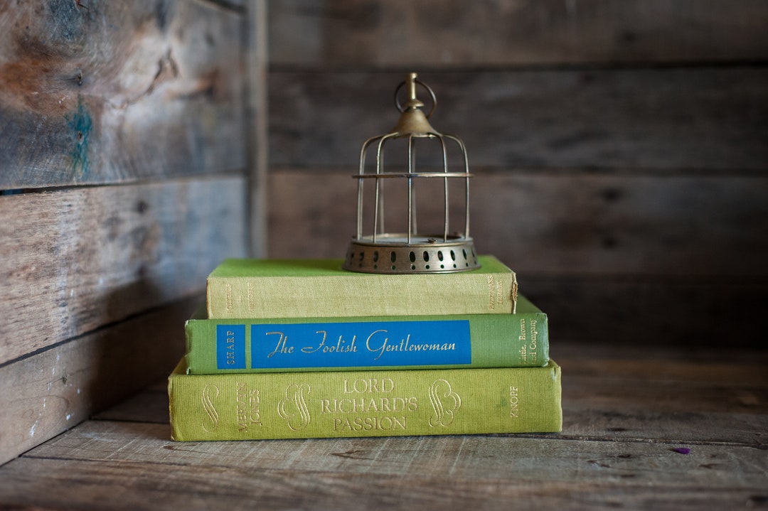 Vintage GREEN Book Stack Set of 3 Decorator Books Decorative Books by Color Bookshelf Styling