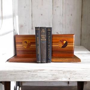 Vintage Hand Crafted Wood Bookends, Mountain Scene Decor, Sun and Moon Book Ends, Multi Tone Wood Decor, Mountain House Decor, Cabin Decor