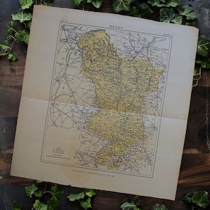 Antike 1891 Derby Map Buchplattenkunst, Antike Derbyshire England Karte, Derby England Karte Wandkunst, England Wohnkultur Karte