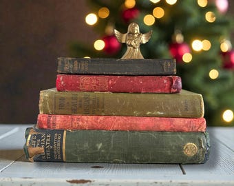 Antique Rustic Red Green Books, Vintage Christmas Book Holiday Home Decor