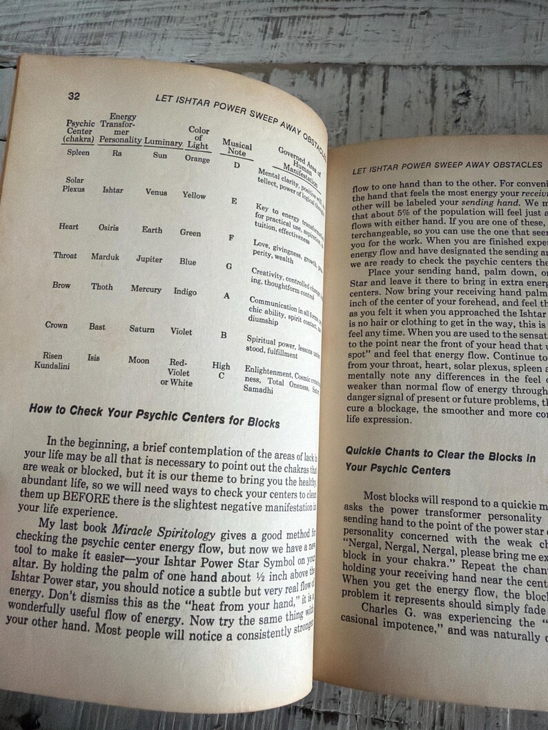 Puede incluir: Libro abierto con texto sobre centros ps&iacute;quicos y flujo de energ&iacute;a. La p&aacute;gina 32 presenta una tabla con nombres de chakras, rasgos de personalidad y colores. El texto trata sobre la eliminaci&oacute;n de bloqueos y el uso de la Estrella de Poder Ishtar.