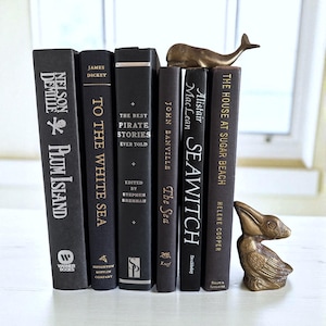 Pu&ograve; includere: Una collezione di libri neri con scritte dorate, tra cui titoli come "Plum Island" e "Sea Witch". Fermalibri in ottone a forma di balena e uccello sono posizionati tra i libri, creando un'esposizione decorativa. I libri sono disposti su una superficie bianca.