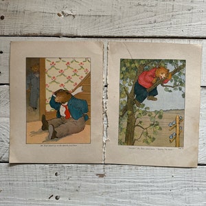 May include: Two illustrations from a children's book featuring a bear character. The first image shows the bear sitting on a staircase with a worried expression. The second image shows the bear stuck in a tree with a worried expression. The text in the first image reads "Mr. Bear stared up at the smooth, level floor". The text in the second image reads "'Martha!' Mr. Bear called down. 'Martha! I'm stuck!'".