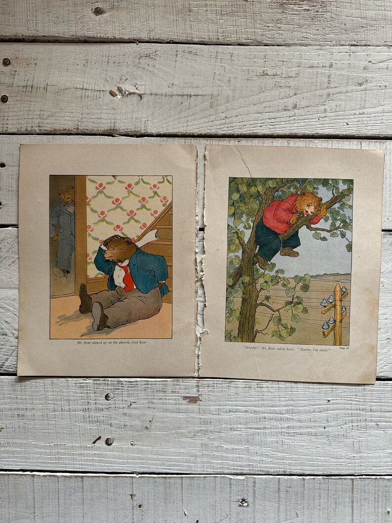 May include: Two illustrations from a children's book featuring a bear character. The first image shows the bear sitting on a staircase with a worried expression. The second image shows the bear stuck in a tree with a worried expression. The text in the first image reads "Mr. Bear stared up at the smooth, level floor". The text in the second image reads "'Martha!' Mr. Bear called down. 'Martha! I'm stuck!'".