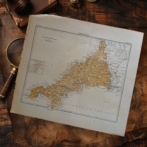 Antiguo 1891 Cornualles Inglaterra Mapa Libro Placa Arte, Mapa antiguo de Inglaterra, Mapa del Reino Unido Arte de la pared, Mapa de decoración del hogar del antiguo suroeste de Inglaterra