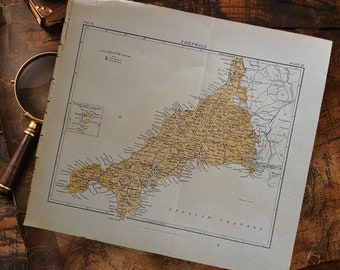 Antique 1891 Cornwall England Map Book Plate Art, Antique England Map, United Kingdom Map Wall Art, Old Southwest England Home Decor Map